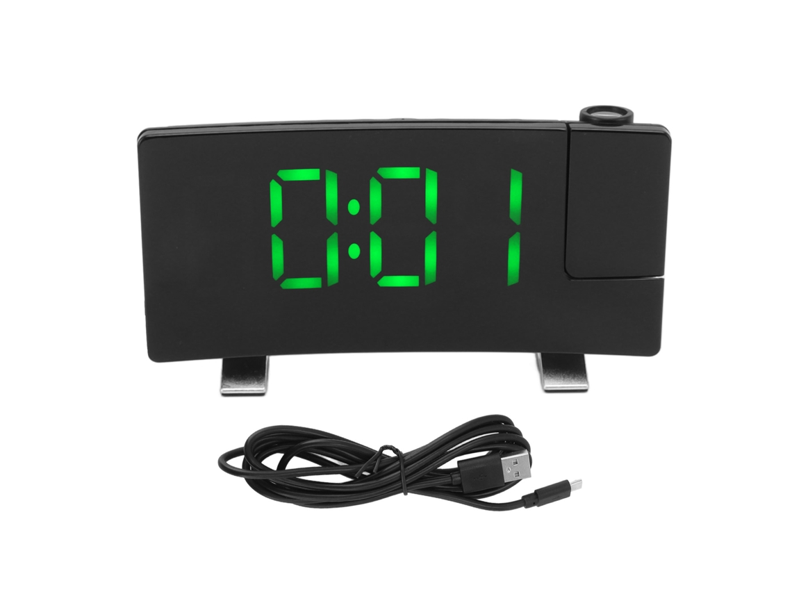 Reloj despertador Baok-Clock con proyector de radio, pantalla digital LED curva, letras verdes y cuerpo negro.