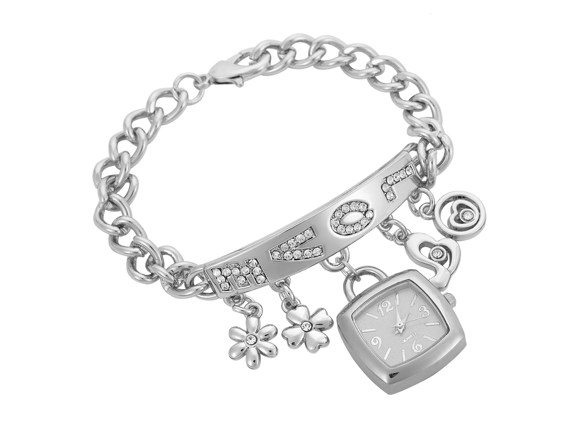 Reloj De Pulsera De Cuarzo Para Mujer Con Diamantes De Imitación, Flor, Corazón Y La Letra "love", Aleación De Plata.
