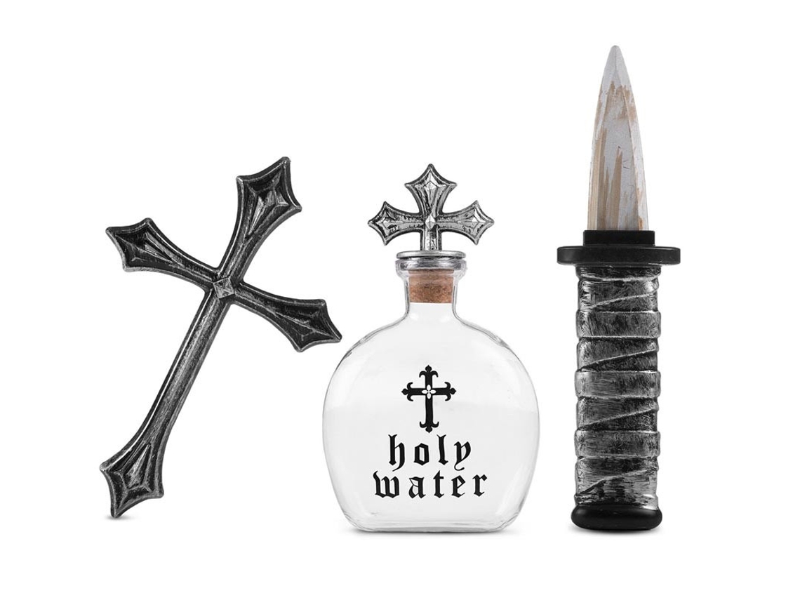 Kit de Mata Vampiros Cruz, botella y cuchillo de 25,5x30 cm