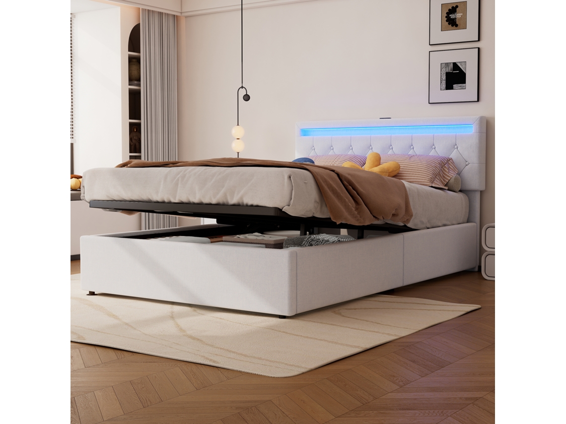 Cama Plataforma De 140x200 Cm Con Iluminación Led, Altura Regulable, Almacenamiento Usb-c, Color Blanco.