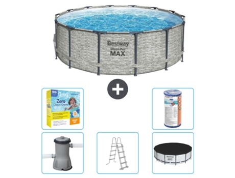 Piscina BESTWAY Round Steel Pro MAX - Estampado Piedra - 427 x 122 cm - Incluye Bomba - Escalera - Cobertor Paquete de mantenimiento - Filtrar