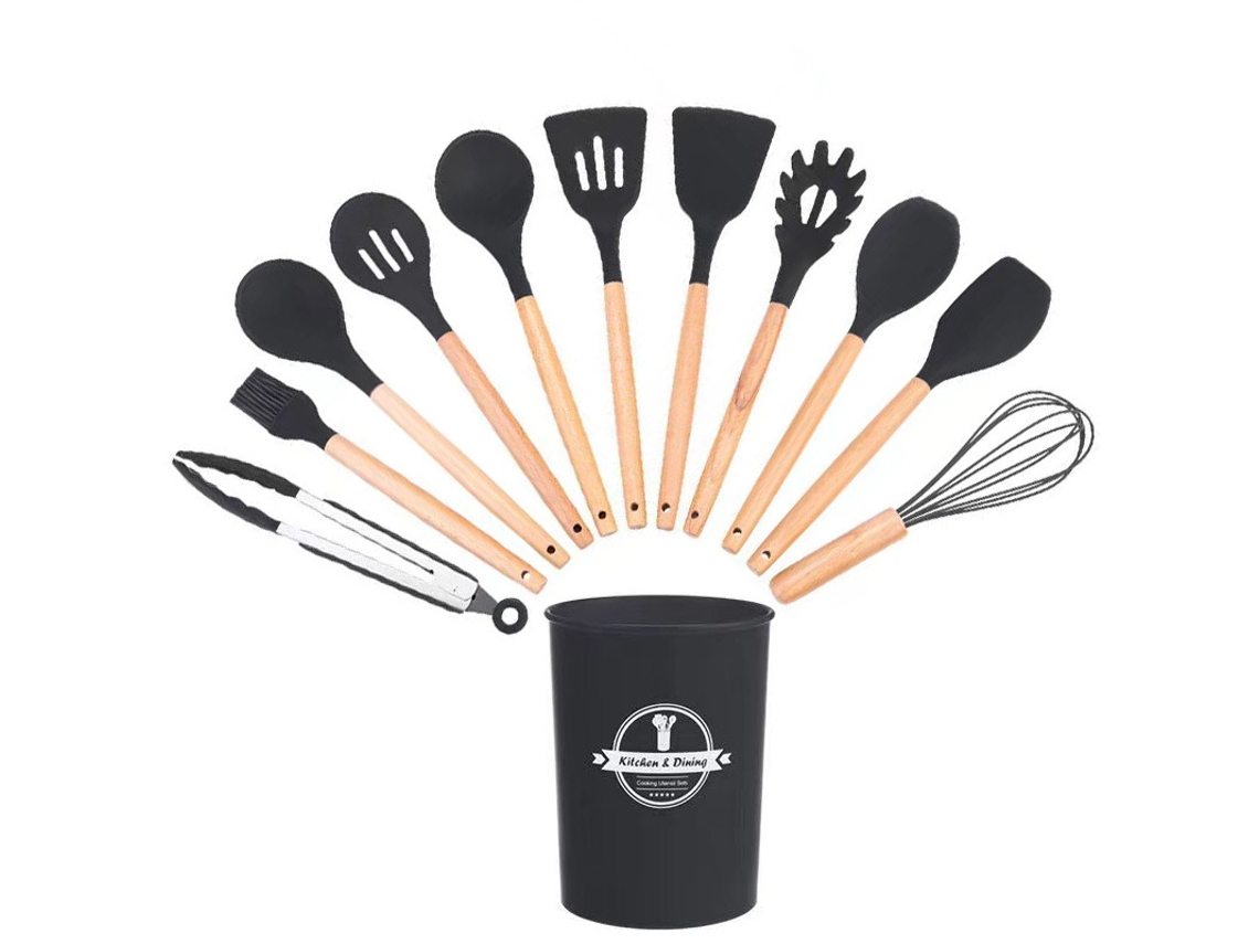 Juego de 12 utensilios de cocina de silicona antiadherentes sin BPA, color negro