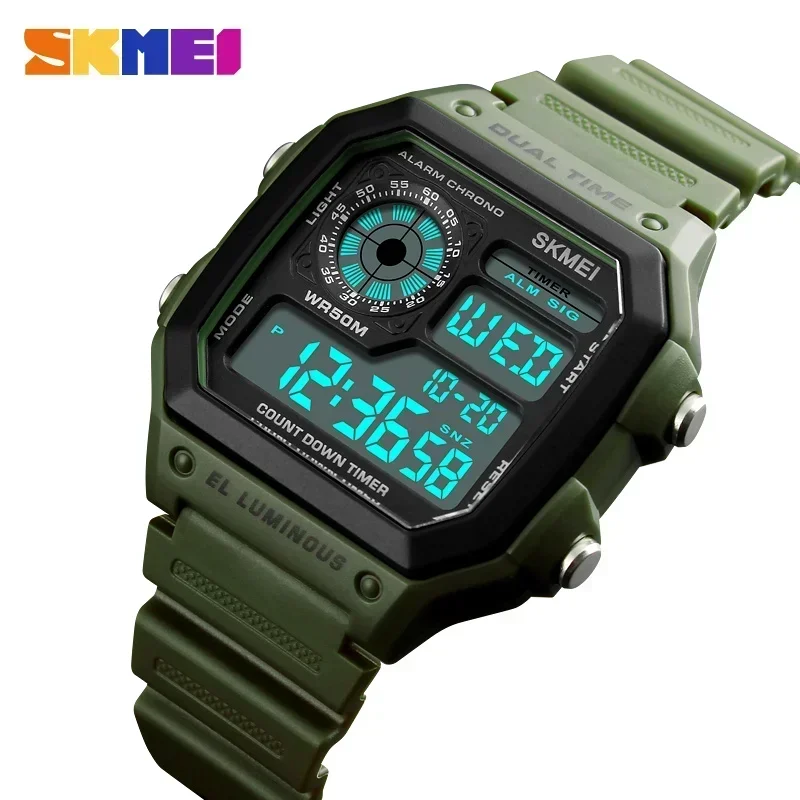 Reloj despertador digital deportivo y moderno para hombre con correa de PU MDUG (verde militar)