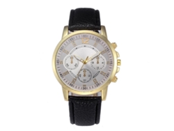Reloj De Cuarzo Para Hombre Con Correa De Cuero Pu Marco Dorado De Tres Ojos Casual Fashion Negro