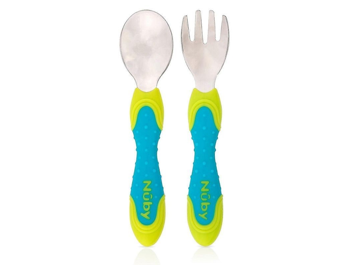 Juego De Cubiertos Nuby De Acero Inoxidable, 2 Piezas, Sin Bpa, Seguros Y Fáciles De Limpiar, Azul/verde