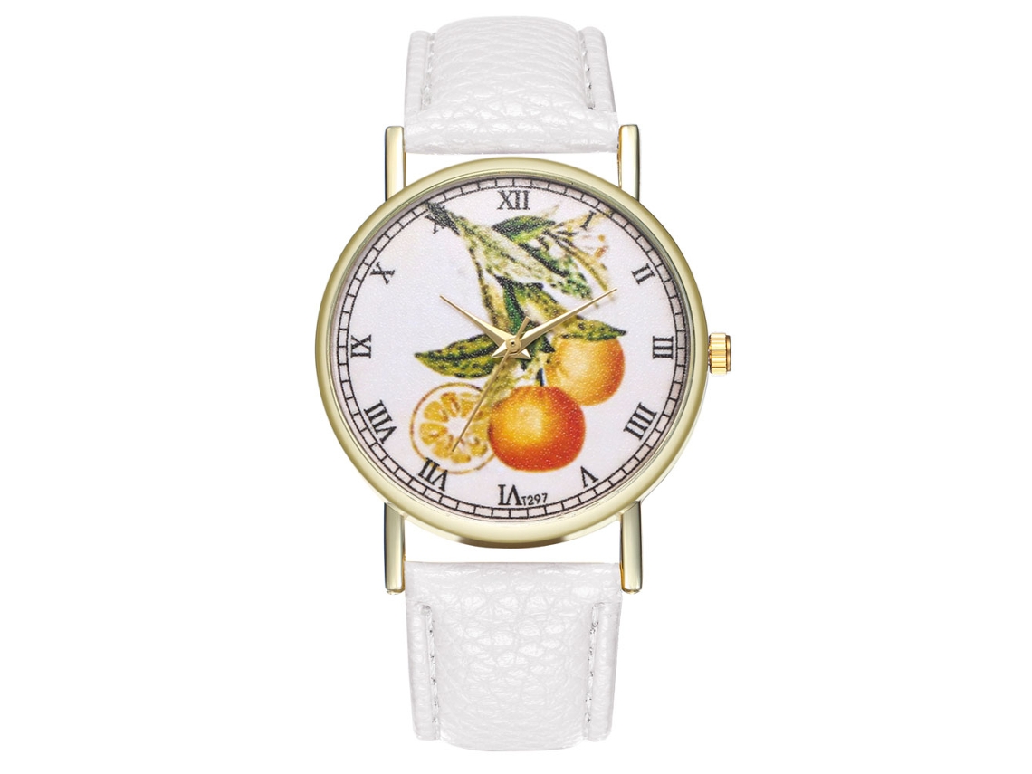 Reloj Casual De Moda Unisex Frutas Cuarzo Correa De Cuero Blanco