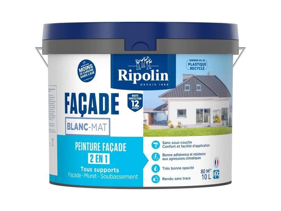 Ripolin 474646 Pintura 2 en 1 para fachadas clásicas blanco mate 10 L