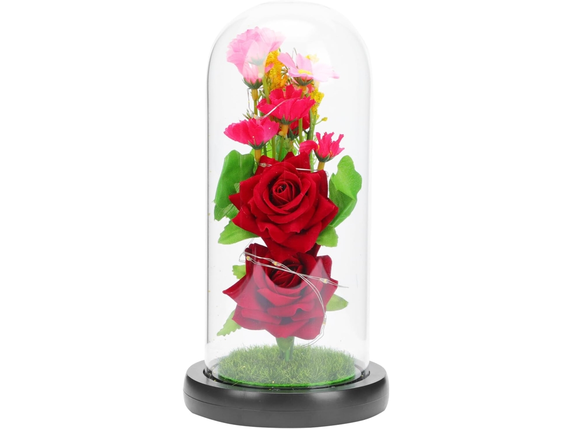 Lámpara De Noche Led Con Flor De Imitación Bajo Cúpula De Cristal Negro.