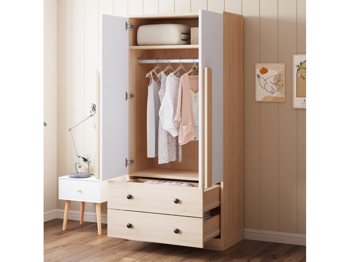 Armario de 70x40x170 cm - Doble puerta con cajones y estantes - Natural + Blanco