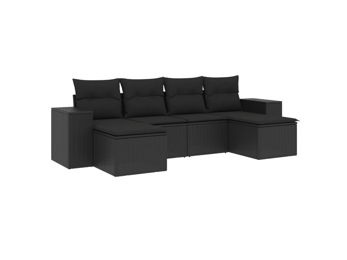 Conjunto de sofá de jardín de 6 piezas con cojines de mimbre, negro, EXCLUSIVO DE LA CASA (6 piezas)