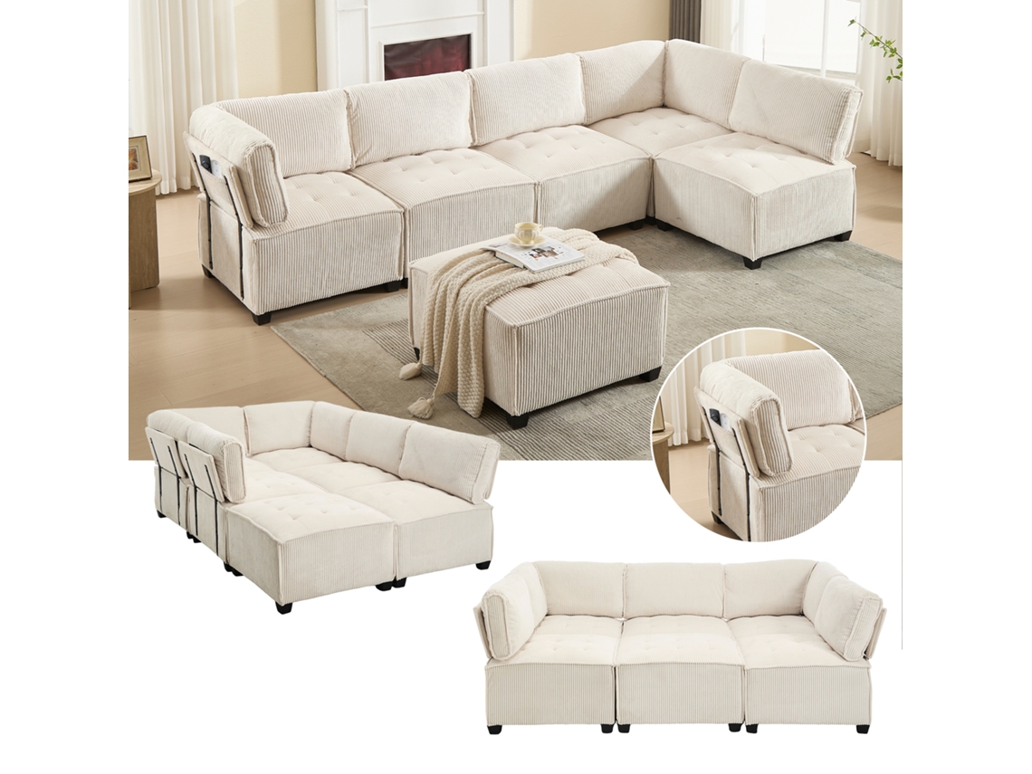 Sofá Modular De 6 Plazas, 308 Cm, Terciopelo De Pana, Estructura En Tonos Beige.
