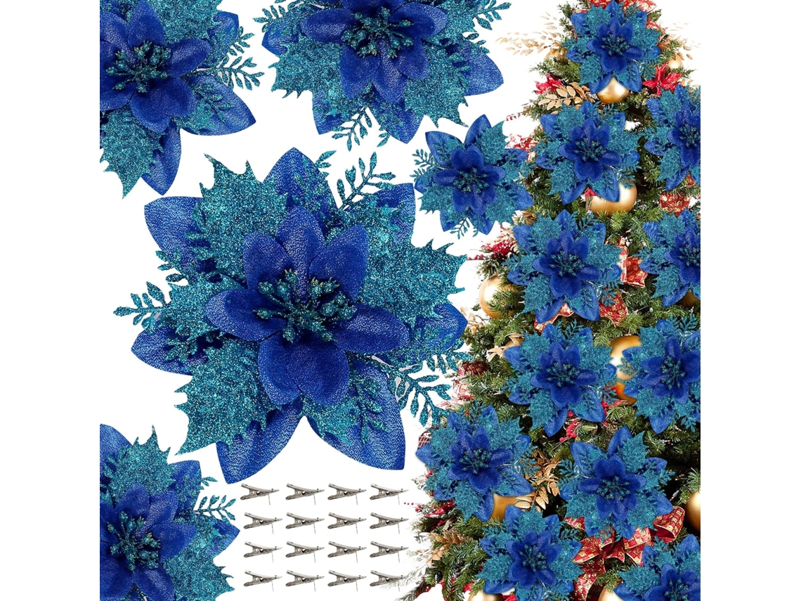 16 adornos navideños artificiales de flor de Pascua azul con clips para árbol y guirnalda