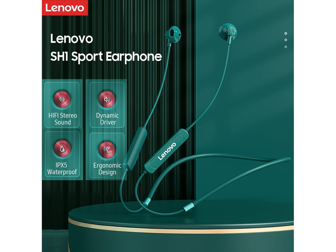 Auriculares deportivos inalámbricos Lenovo SH1 BT5.0 con reducción de ruido dual, controlador dinámico, resistencia al agua IPX5 y auriculares intraaurales ergonómicos.