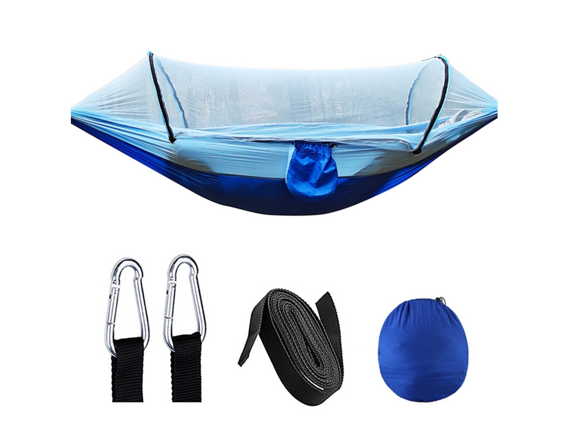 Hamaca de camping con mosquitera, nailon 210t, azul claro.