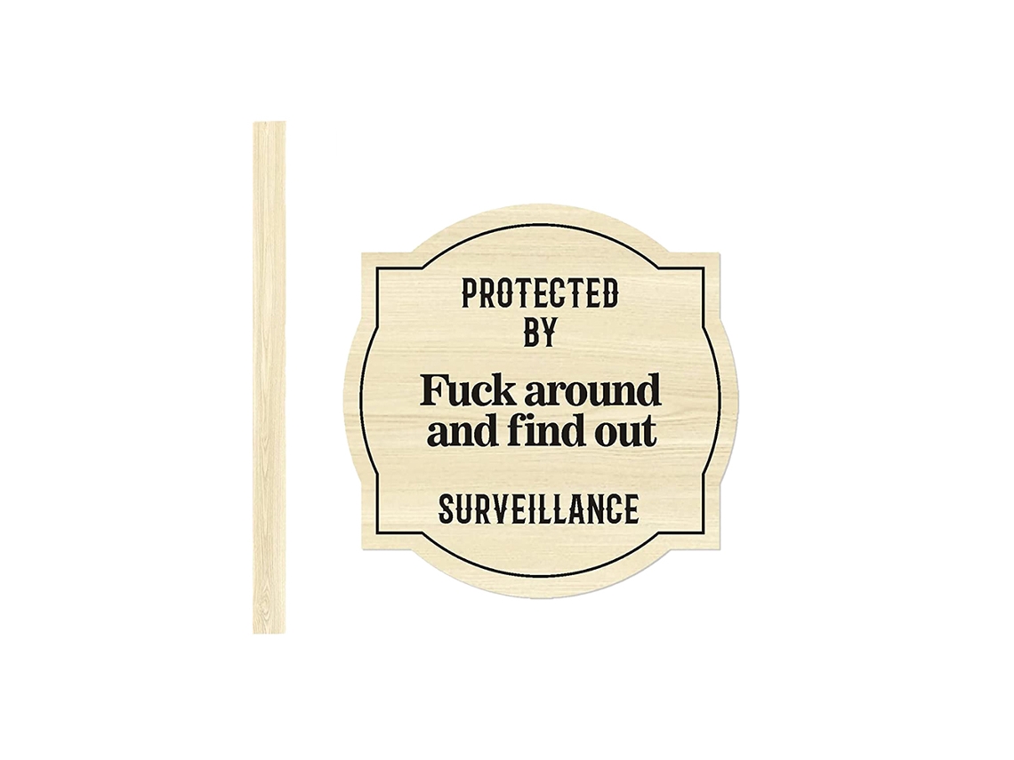 Cartel De Seguridad Para Jardín Con Sistema De Vigilancia Exterior - Madera De 25x25 Cm Con Estaca De 30 Cm