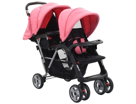 vidaXL Carrito para dos bebés tandem rosa y negro de acero
