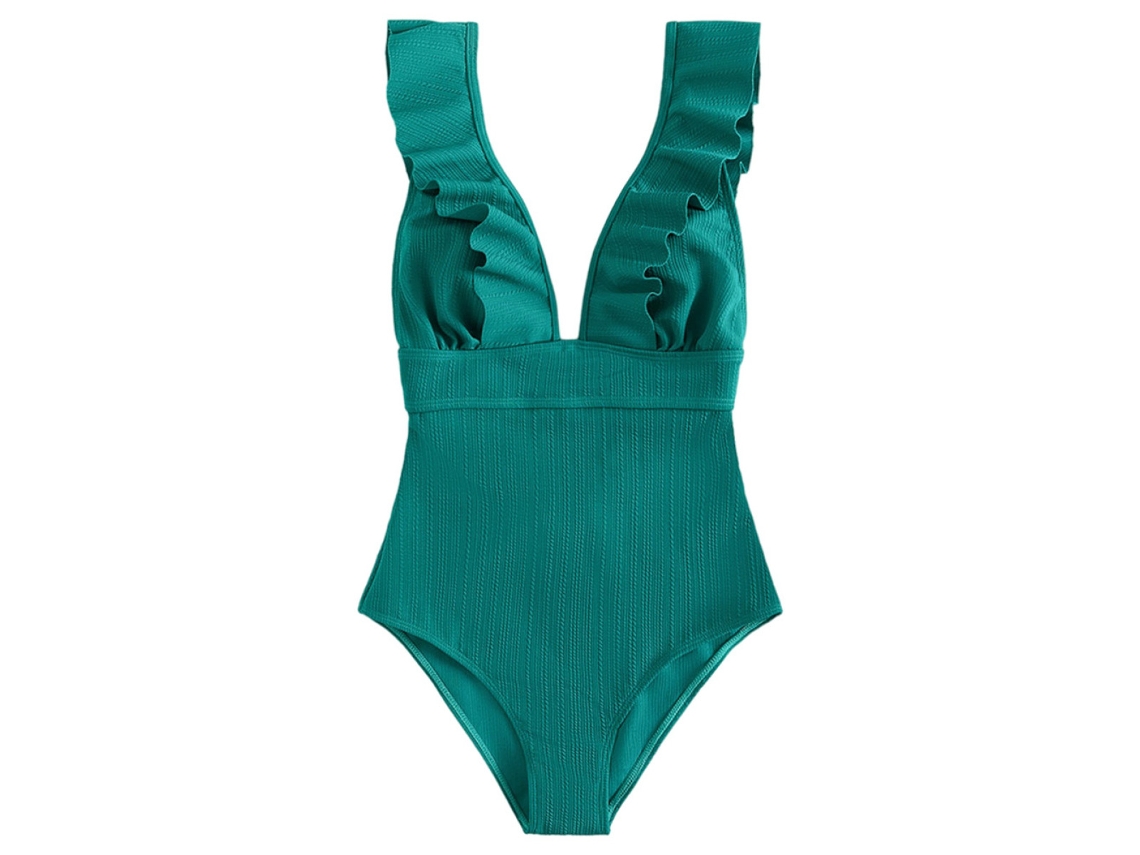 Traje de baño de una pieza de verano para mujer con volantes, escote en V, espalda abierta y control de abdomen