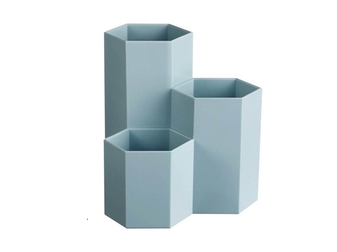 Portalápices hexagonal de 3 compartimentos para maquillaje de oficina, color azul