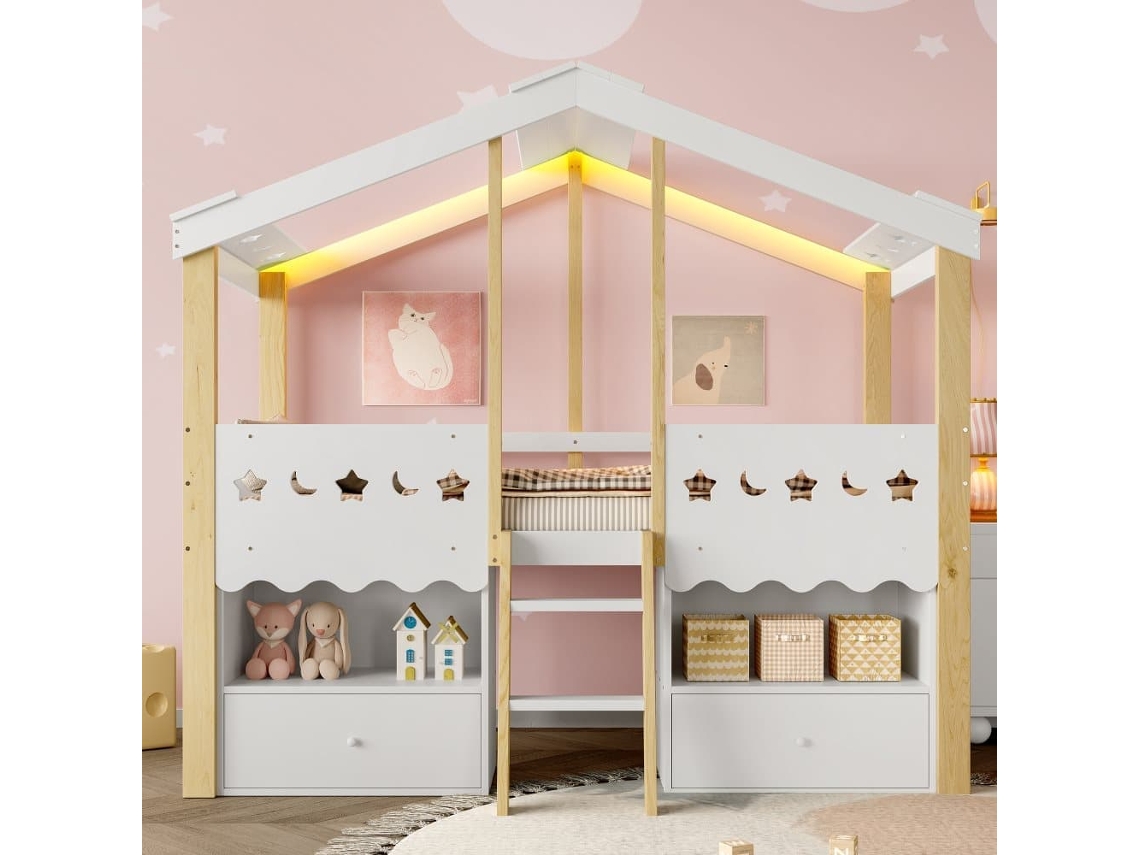 Cama Semi Alta 90x200 Cm - Casa, 2 Cajones, Luz Led, Sin Colchón - Blanco + Natural