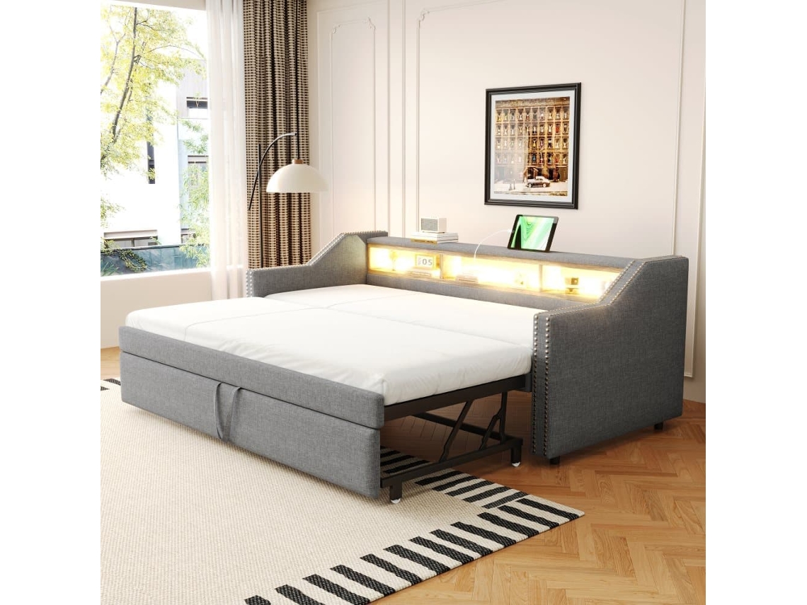 Sofá Cama Extraíble 90/180x190cm De Lino - Con Led Y Usb - Con Somier - Gris Claro