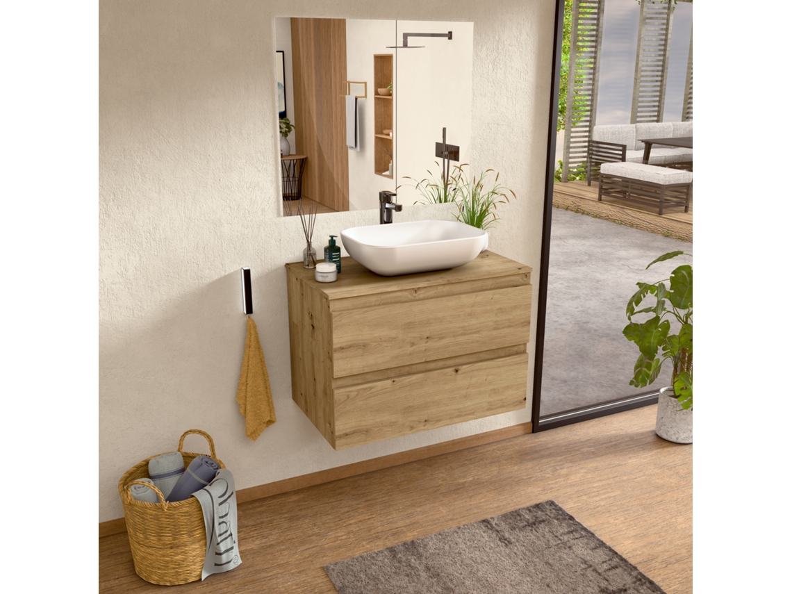 Mueble de lavabo con lavabo de cerámica y espejo, mueble de lavabo con 2 cajones, 80 x 55 x 46 cm, acabado Roble Bellobath.