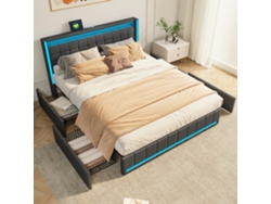 Cama Tapizada 140x190cm Con 4 Cajones, Cama De Matrimonio Con Almacenaje Y Puerto Usb, Somier De Láminas, Tejido De Lino,gris Oscuro