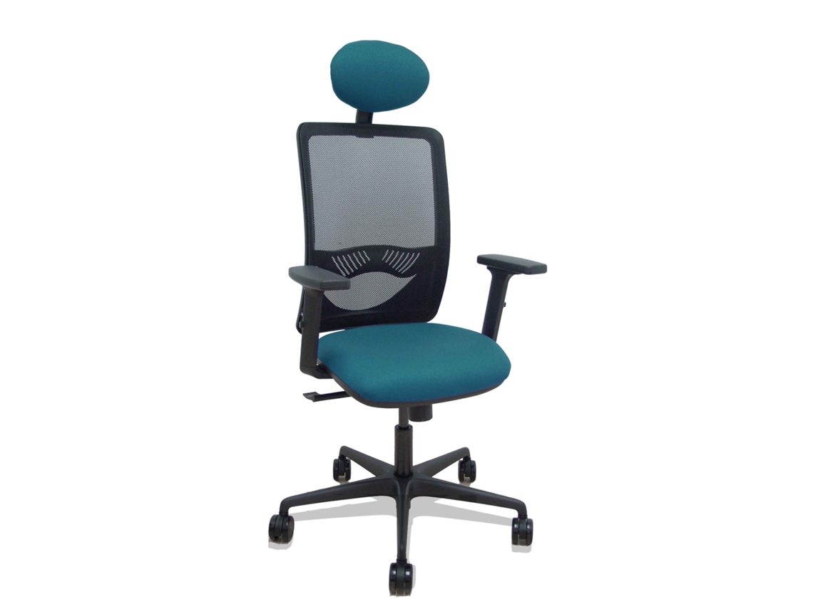Silla de oficina Zulema con mecanismo sincronizado, tapizada en tela verde petróleo y malla negra.