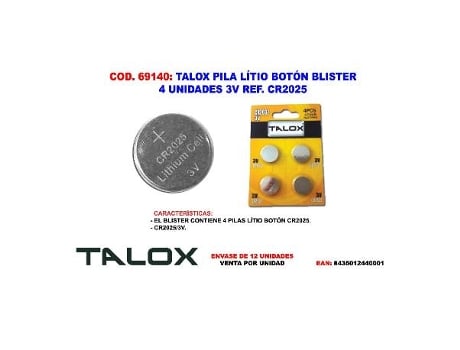 TALOX Pila Litio Boton Blister 4 Unidadess 3V Cr2026