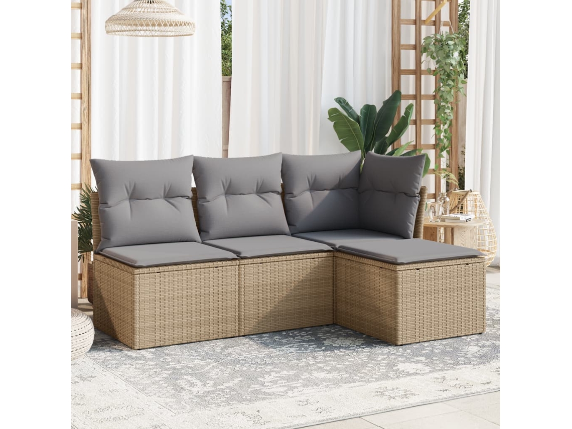 Conjunto de sofá de jardín de 4 piezas con cojines, mimbre sintético beige, Dkd Home Decor