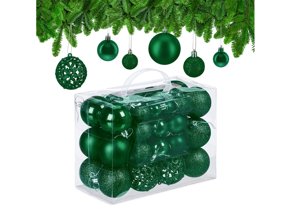 Relaxdays Set 50 Bolas Navidad, Decoración Navideña Mate, Brillante, Reluciente, Adorno Árbol, 3 Tamaños, Verde Oscuro