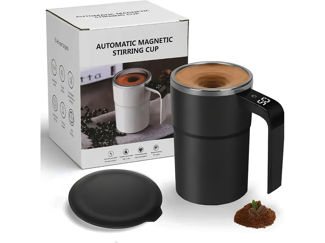 Taza Eléctrica Magnética Automática con Autoagitador para Mezclar Café, Leche, Té y Cerveza Espacios Soleados Negros