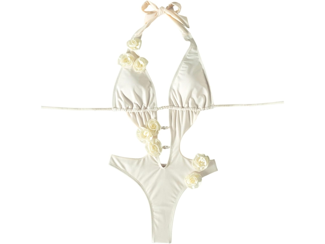 Traje De Baño De Mujer Sin Espalda Con Escote En V Pronunciado, Perlas Y Flores.