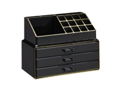Relaxdays Organizador Maquillaje Pequeño, Fibra Acrílica, 19 X 23,5 X 14 Cm, Negro Y Dorado
