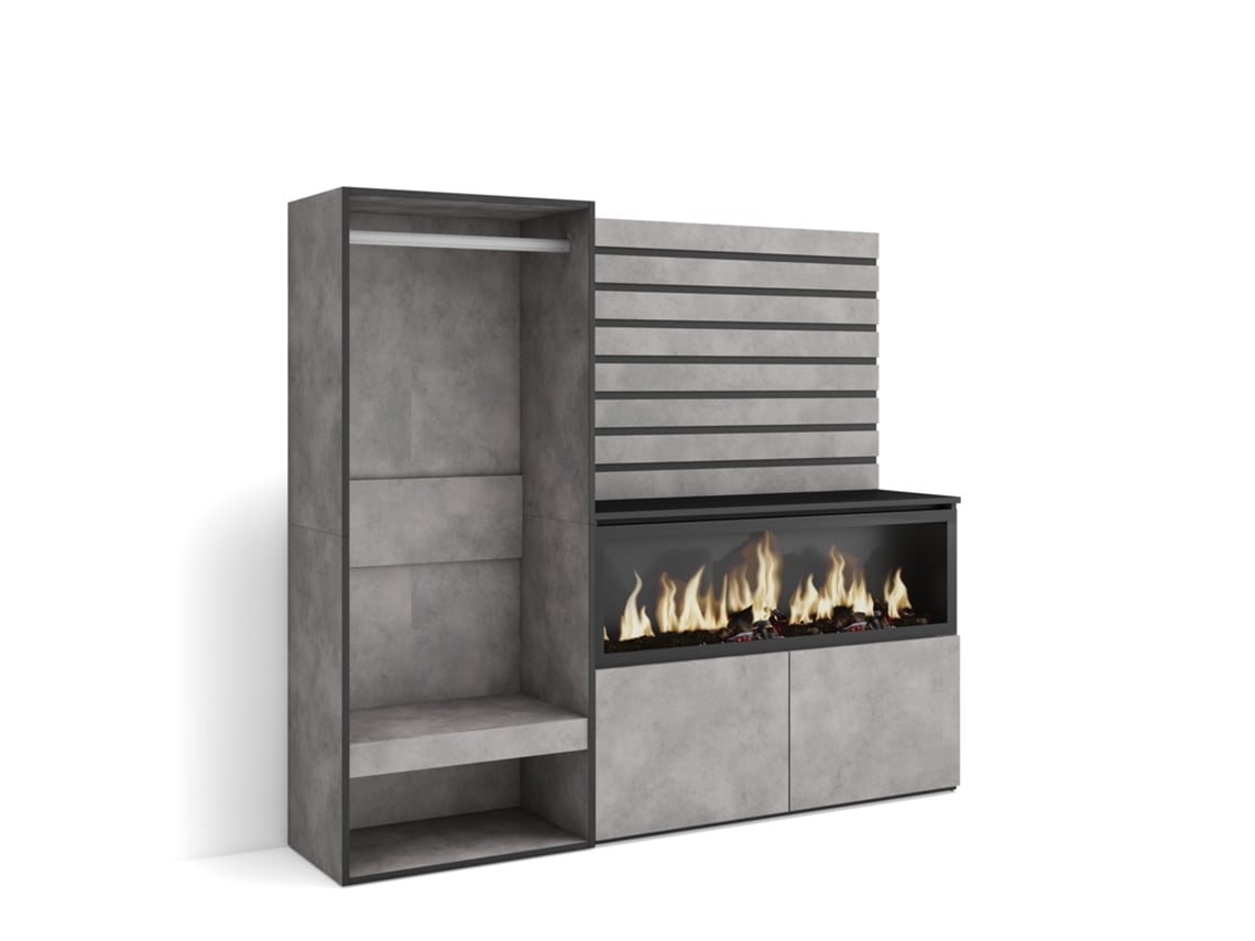 Aparador, aparador | Amplio espacio de almacenamiento | 167 x 145 x 35 cm | Para dormitorio | Chimenea eléctrica XXL | Armario abierto | Cemento Duérmete Online