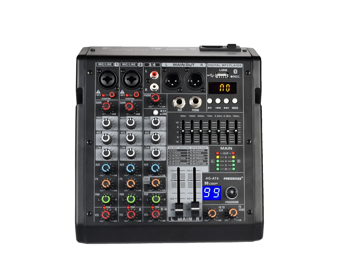 Mezclador de audio de 4 canales, alimentación fantasma de 48 V, conectividad Bluetooth, enchufe europeo