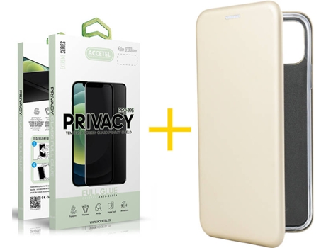 Carcasa + 1 Protector de Vidrio Anti-Spy iPhone 13 Mini ACCETEL PRM Flip Cover Dorado
