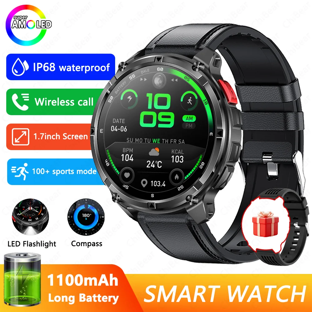 Reloj inteligente con GPS, resistente al agua, llamadas Bluetooth y pantalla grande de 1,7 pulgadas. MDUG (Correa de cuero negro).