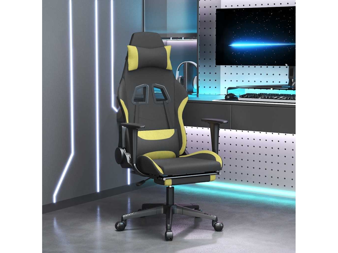 Silla gaming con reposapiés, tapizada en tela negra y verde claro.