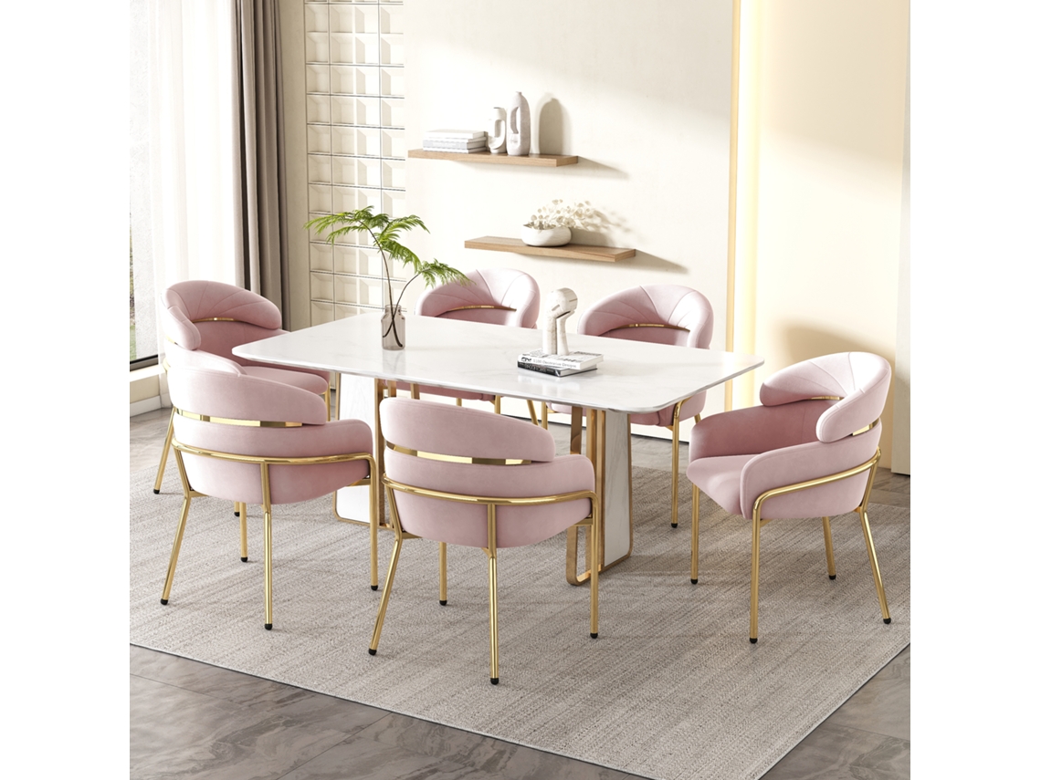 Juego de 6 sillas de comedor individuales ligeras de lujo con 4 patas de metal, terciopelo rosa, MOBRIO