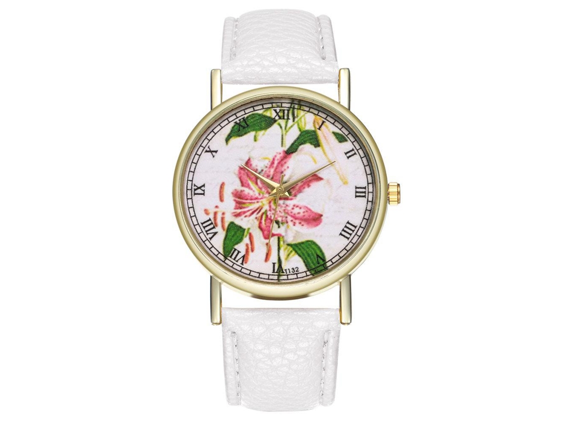 Reloj Analógico Unisex De Cuarzo Con Correa De Poliuretano Y Esfera Blanca Con Estampado Floral.
