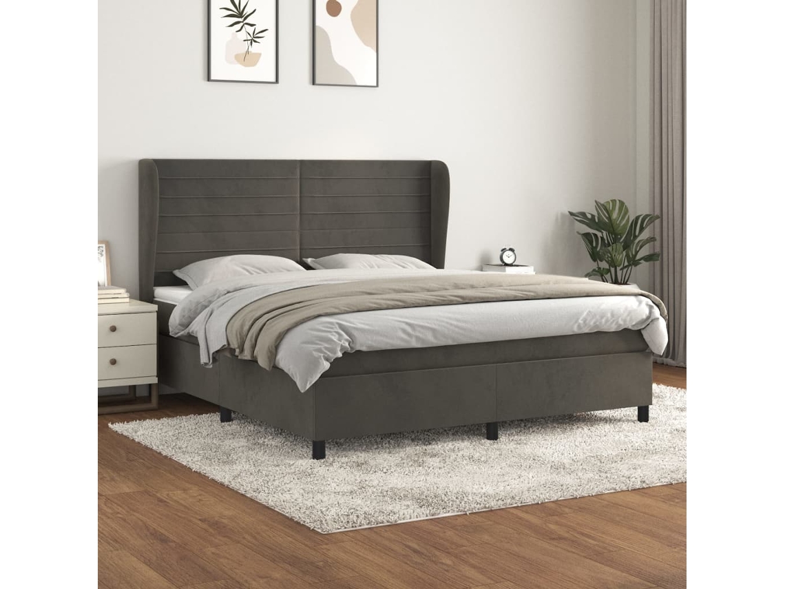 Cama Box Spring Con Colchón Terciopelo Gris Oscuro 160x200 Cm