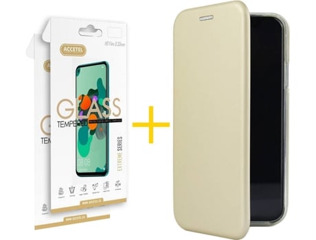 Kit Funda + Protector de Pantalla Apple iPhone 11 ACCETEL Flip Cover 0952 Dorado