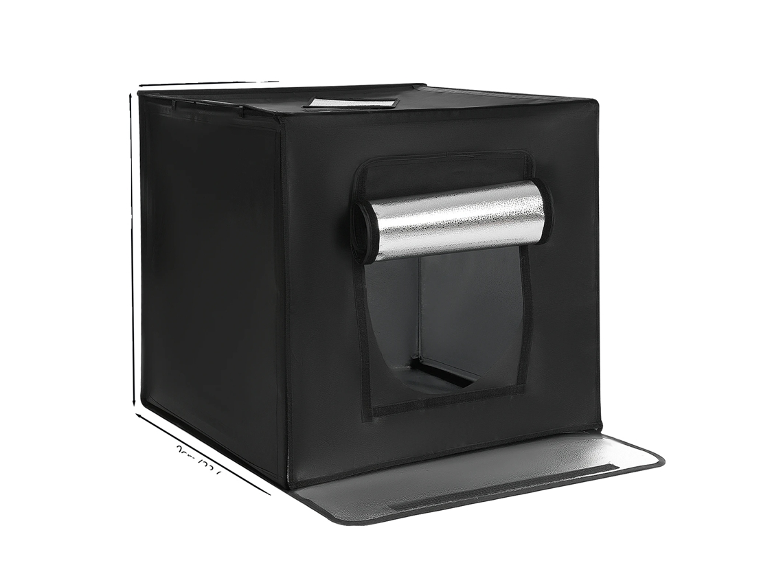 Cabina de estudio fotográfico, luces LED ajustables, diseño portátil, color negro.