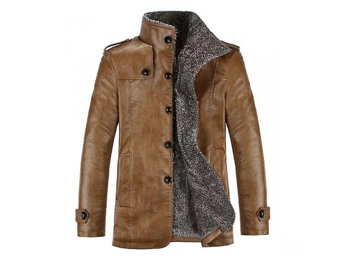 2026-chaqueta De Cuero Pu Para Hombre Invierno Larga Abrigo Casual Peluche Calient Windproof Talla Regular 4xl Caqui