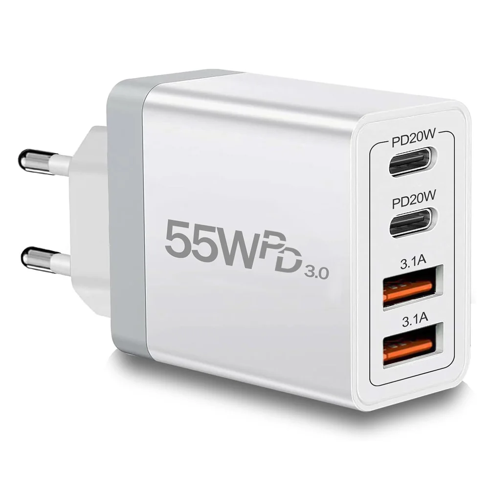 Cargador Rápido De 55 W Con Doble Puerto Usb-a Y Usb-c (blanco Estándar Europeo), Enchufe Estándar Europeo, Carga Rápida Pd 3.0.