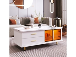 Mesa de centro escandinava con 2 cajones y 2 puertas, LED integrado, revestimiento con estampado de mármol blanco, estilo