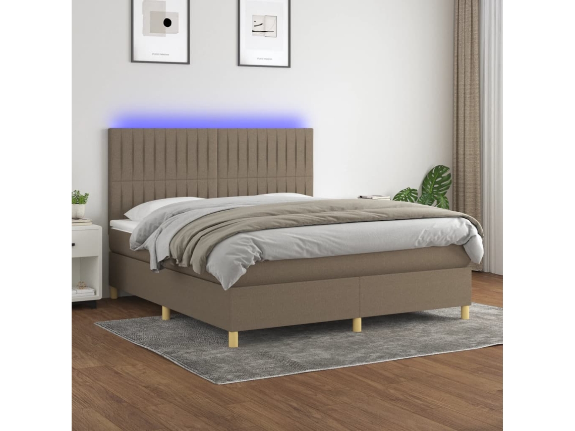 Cama Box Spring Colchón Y Luces Led Tela Gris Taupe 160x200 Cm