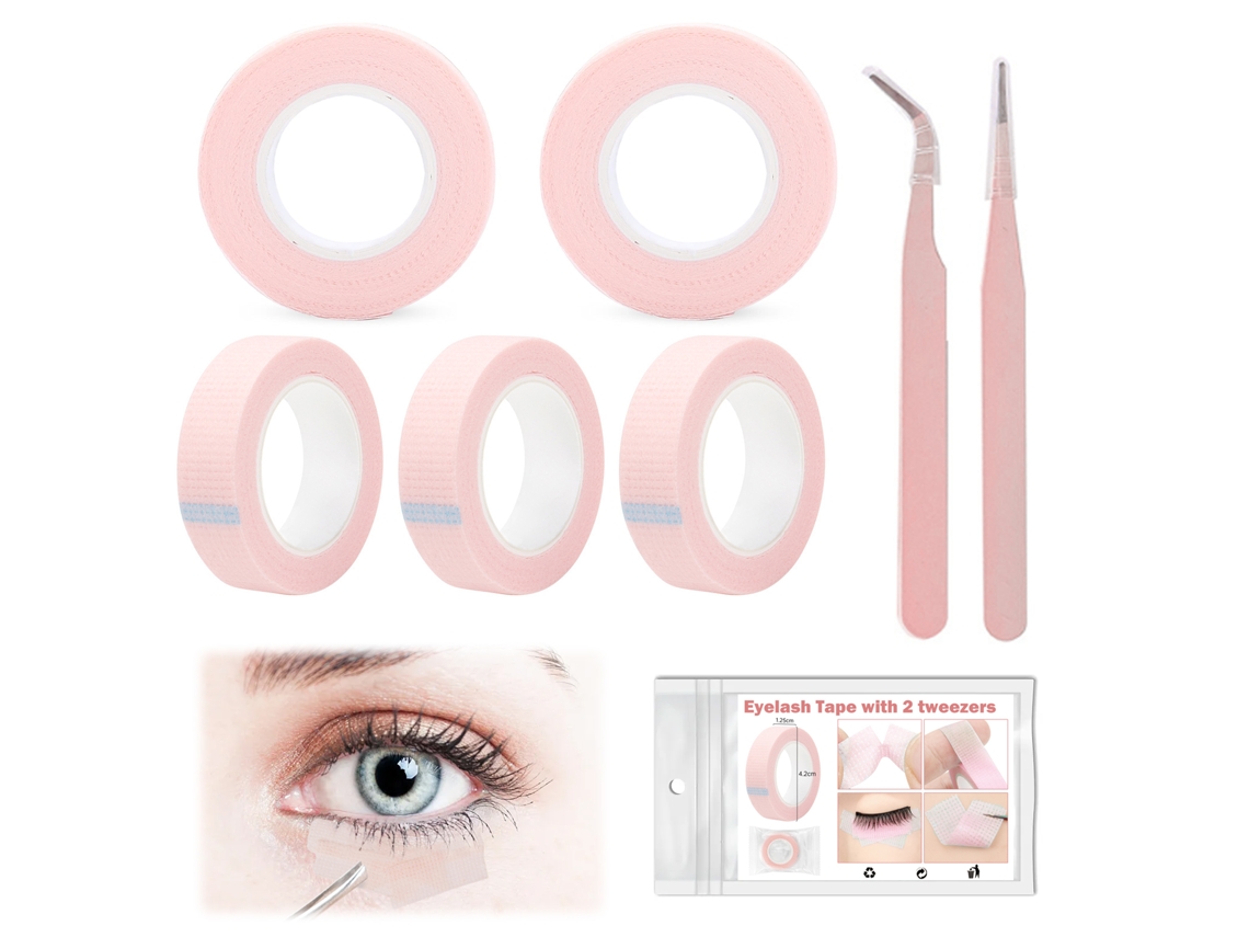 5 rollos de cinta para pestañas, cinta para extensiones de pestañas, con 1 pinza recta y 1 pinza de codo, accesorios para extensiones de pestañas postizas