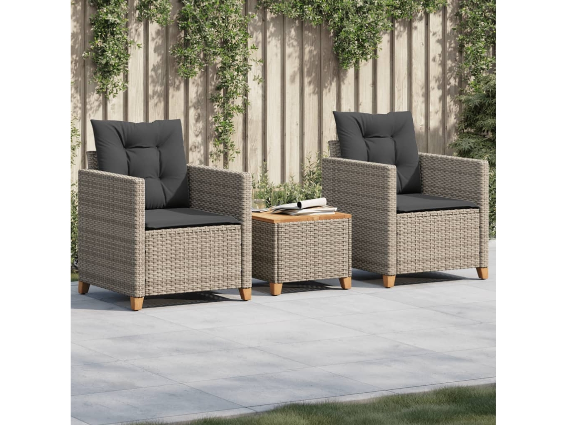 Conjunto de bistró de 3 piezas con cojines en mimbre sintético y gris acacia, Dkd Home Decor