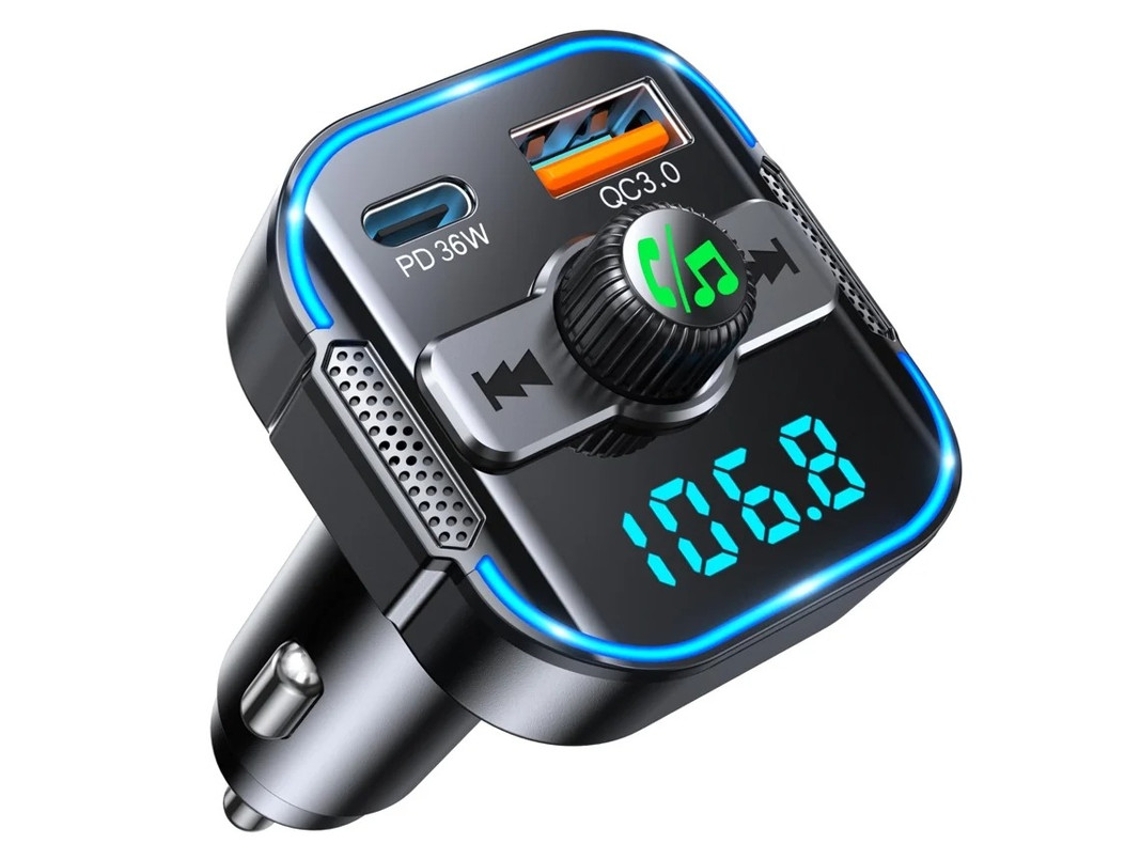 Atualize O Adaptador De Carro Bluetooth 5.3 Pd 36w, Qc3.0 18w, Microfones Duplos, Viva Voz Yizhood (preto)